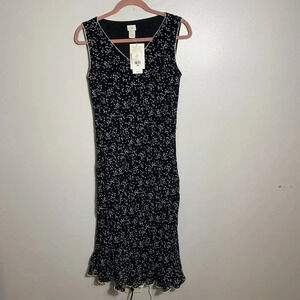 J. Jill Dress Black White Midi Size 8 lined Sleeveless Ruffle Church Work NWT